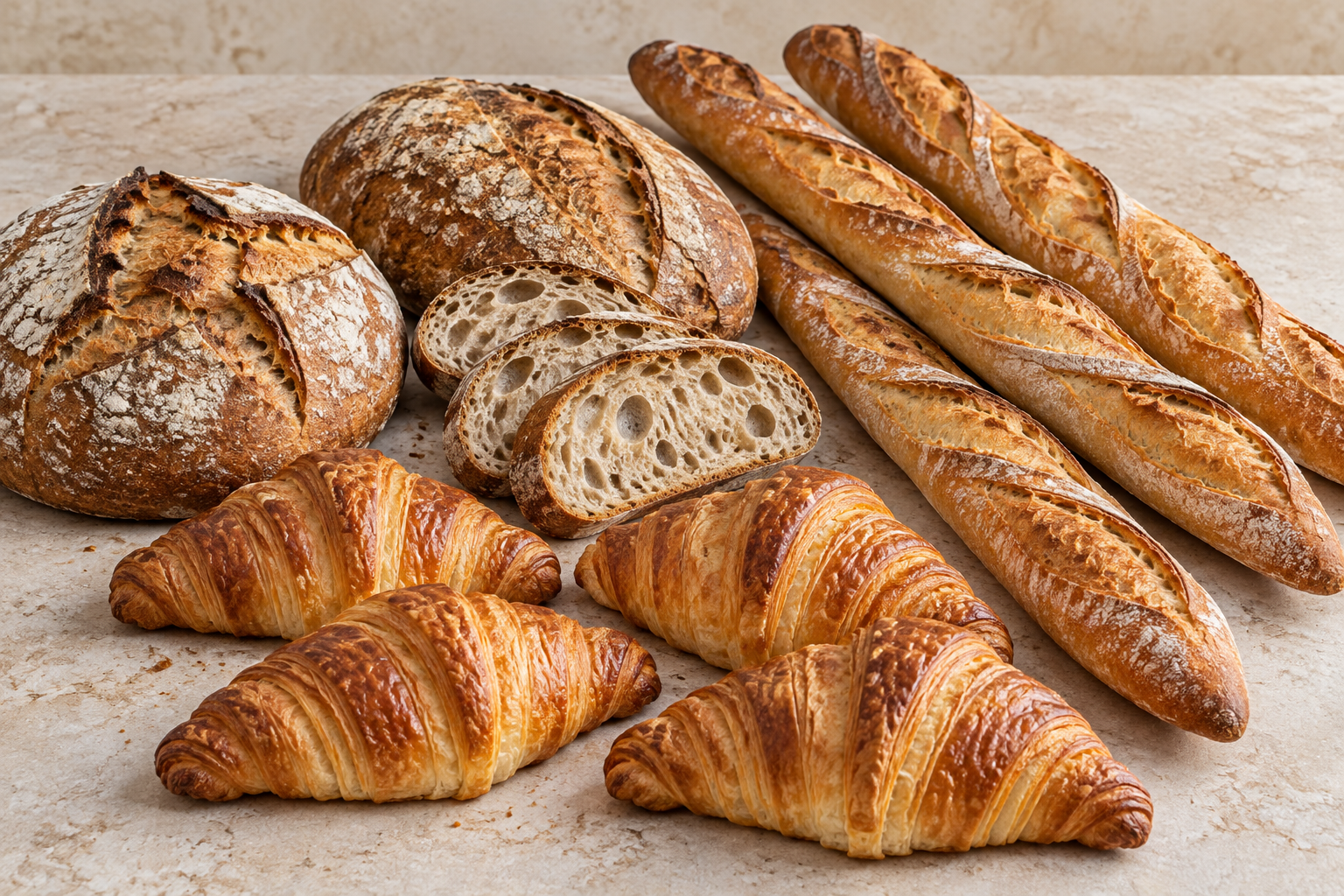 Illustrative breads, baguettes and golden croissants